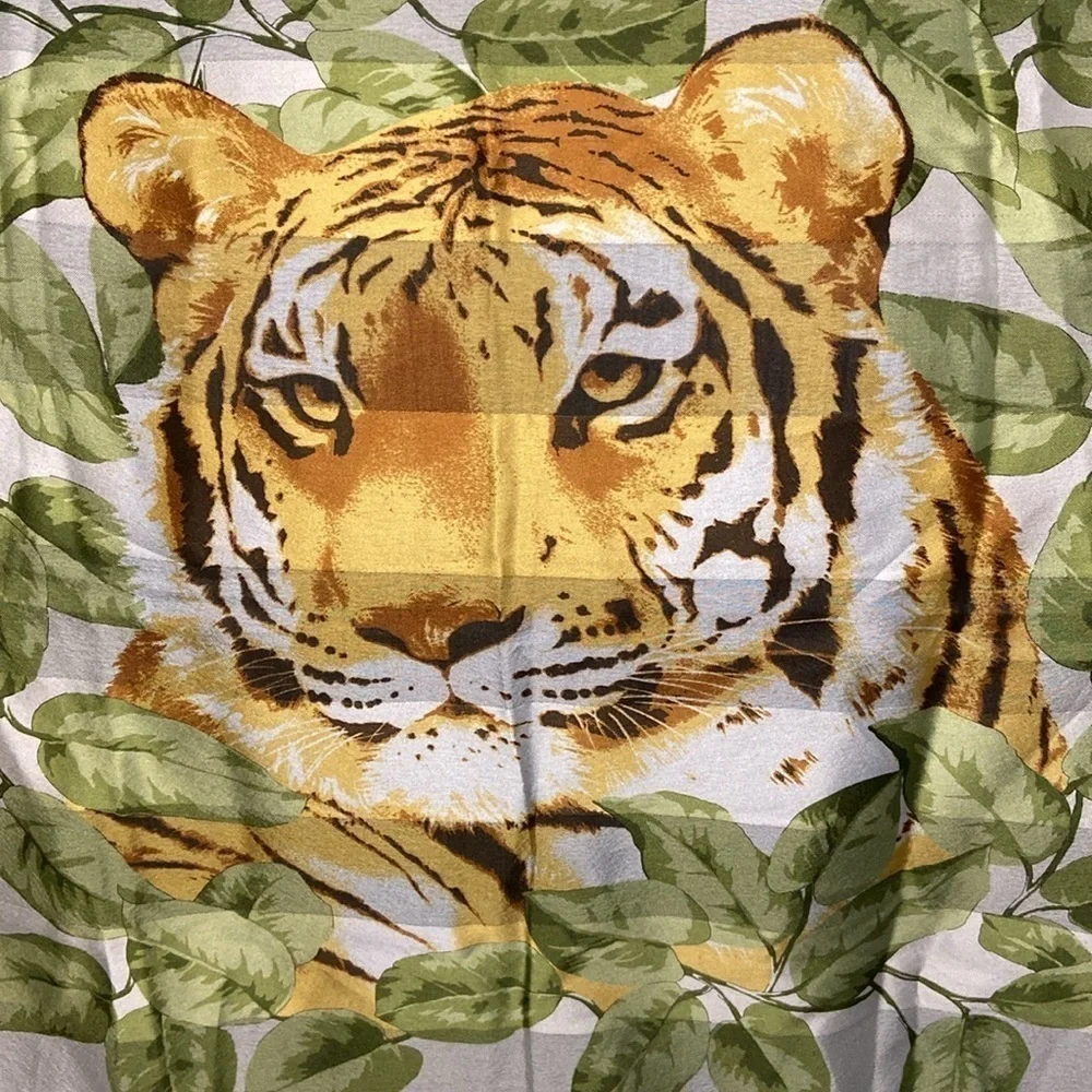 Symphony Scarfs Tiger With Greenery Print Made In Italy Green Brown Cream